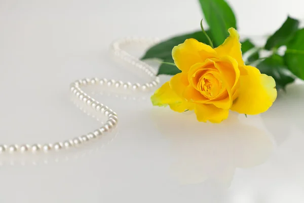 Gelbe Rose und Perlen auf weißem Hintergrund — Stockfoto