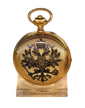 (yaklaşık 1900) altın cep saati ile üzerine beyaz izole kapak, Rusya arması