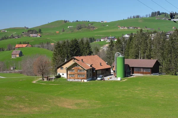 Een boerderij in groene velden in het voorjaar. (appenzell, Zwitserland) — Stockfoto