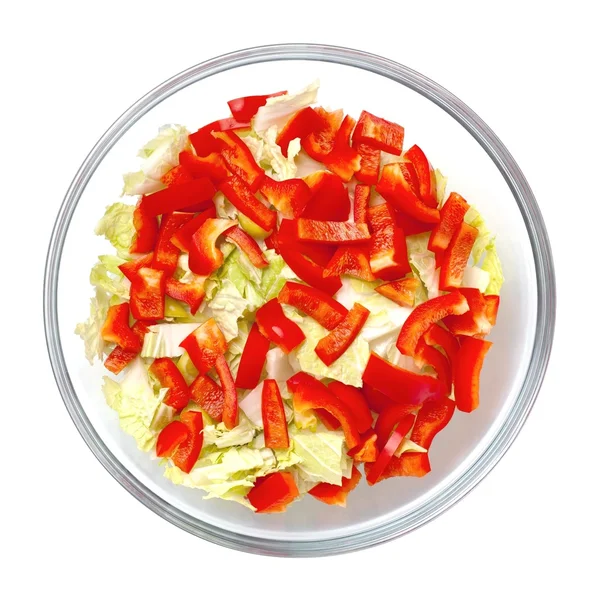 Gesunder Salat mit Gemüse in einer stilvollen Glasschüssel isoliert auf weißem Bac — Stockfoto