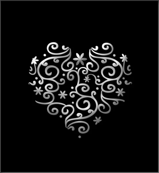 Corazón Floral Filigrana Plata Aislado Negro —  Fotos de Stock