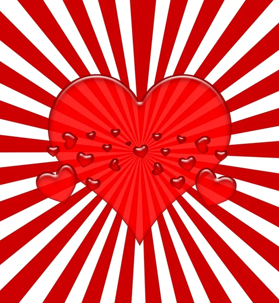 Explosion Röd Jelly Hjärtan Bakgrund Röda Strålar — Stockfoto