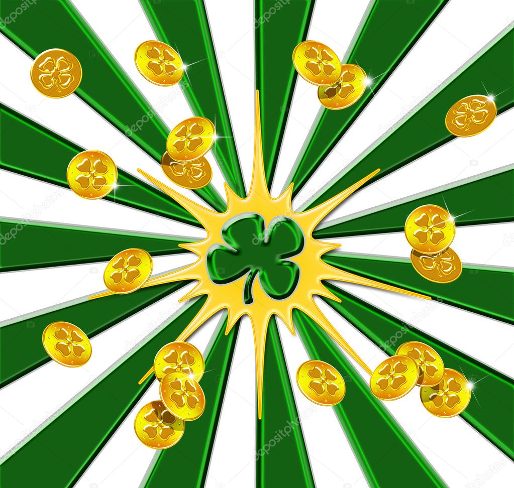 Gold coins from a pot of gold scattering outward from a shamrock