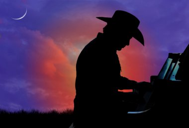 Silhouette of a cowboy playing the piano with a sunset in the background clipart