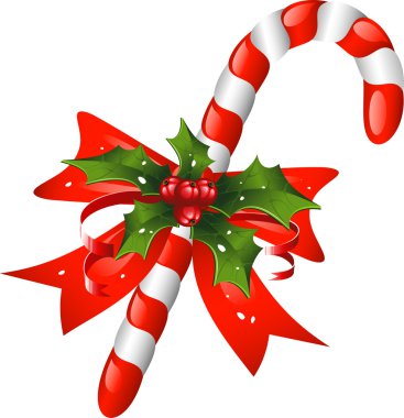 Christmas candy cane decorated with a bow and holly clipart