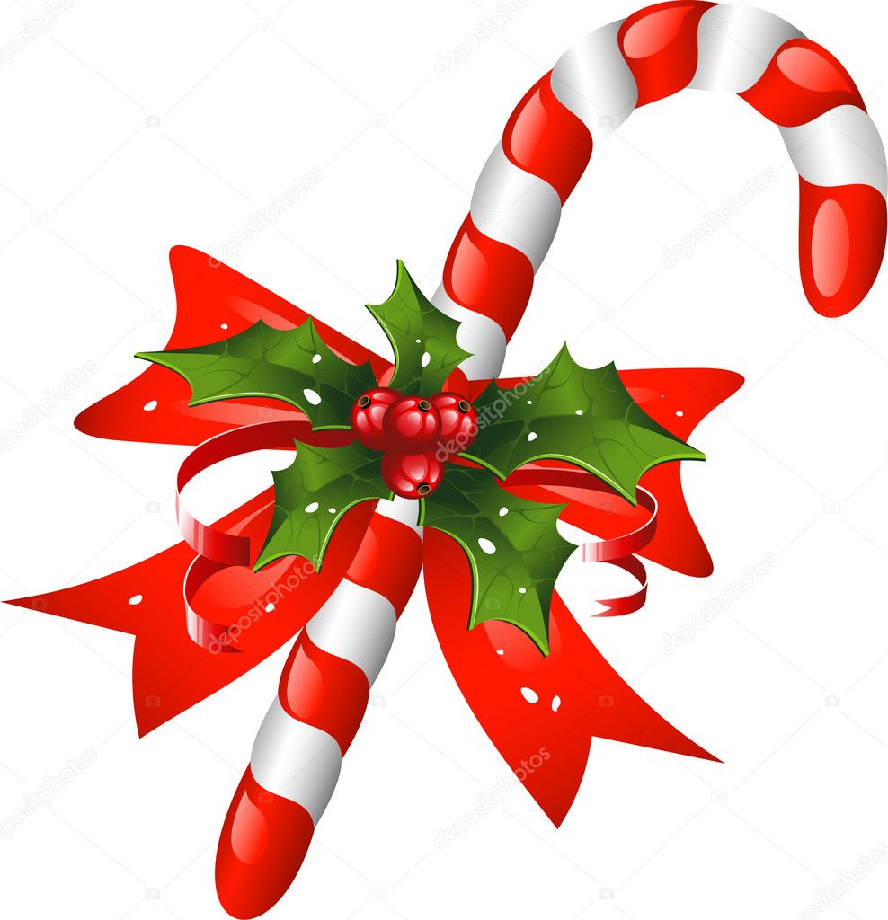 Christmas candy cane decorated with a bow and holly Stock Vector