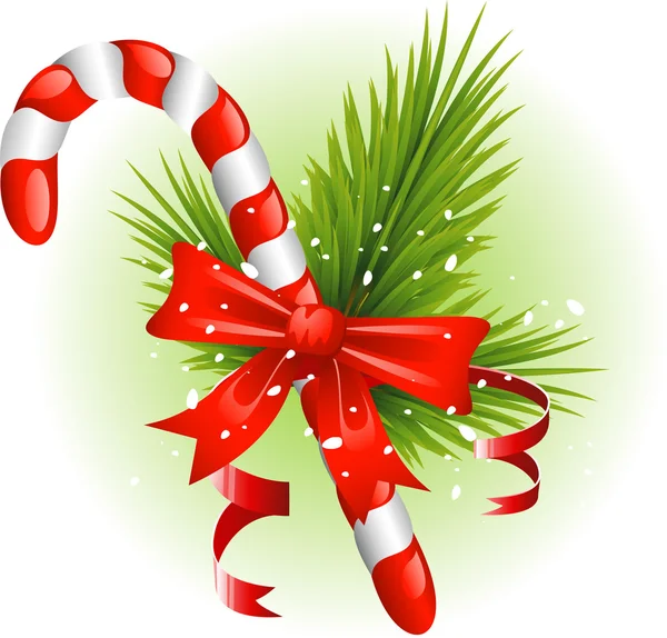 Canne à bonbons de Noël décorée avec des branches de pin et un arc — Image vectorielle