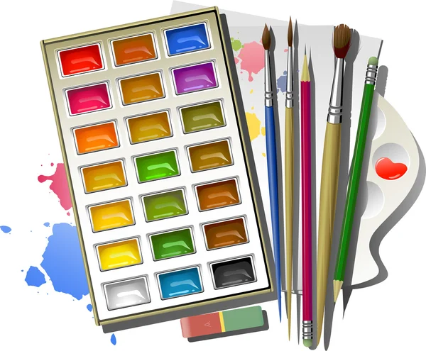 Kunst leveringen: aquarel verf, penselen, potloden, gum, palet, papier — Stockvector