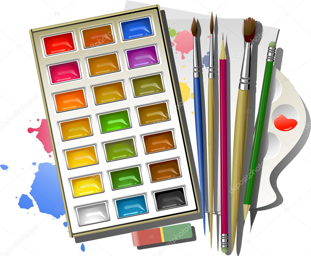 Art Supplies: Watercolor Paints, Brushes, Pencils, Eraser, Palette, Paper Stock Vector Image By ©Jara3000 #4437015
