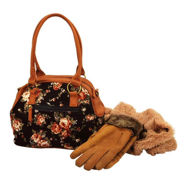 Женская сумка, перчатки и шарф — стоковое фото