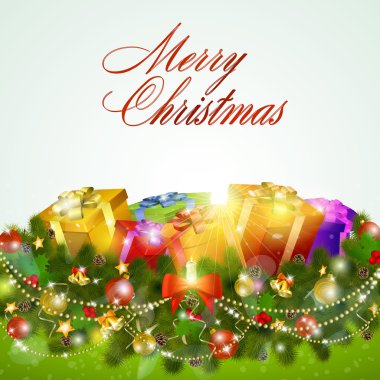 Merry christmas greeting card with gift boxes clipart