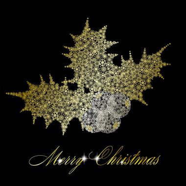 Golden christmas holly berries made of snowflakes on black backg clipart