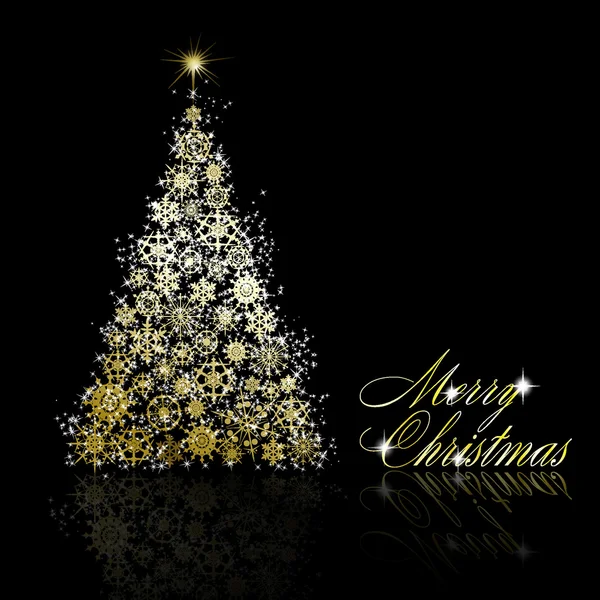 Albero di Natale dorato fatto di fiocchi di neve d'oro e stelle su nero — Vettoriale Stock