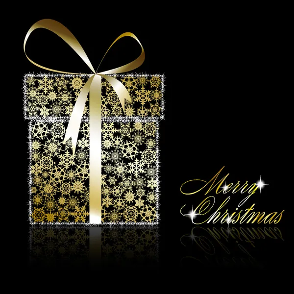Regalo de Navidad de oro bpx hecho de copos de nieve de oro con estrellas en — Vector de stock