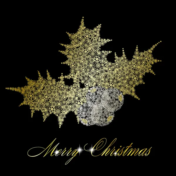 ゴールデン クリスマス ホリー製黒の背景に隠れて雪片の果実 — ストックベクタ