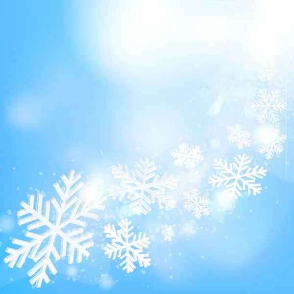 Αφηρημένα φόντο Χριστούγεννα με νιφάδες χιονιού, τον ήλιο και μπλε ουρανό — Διανυσματικό Αρχείο