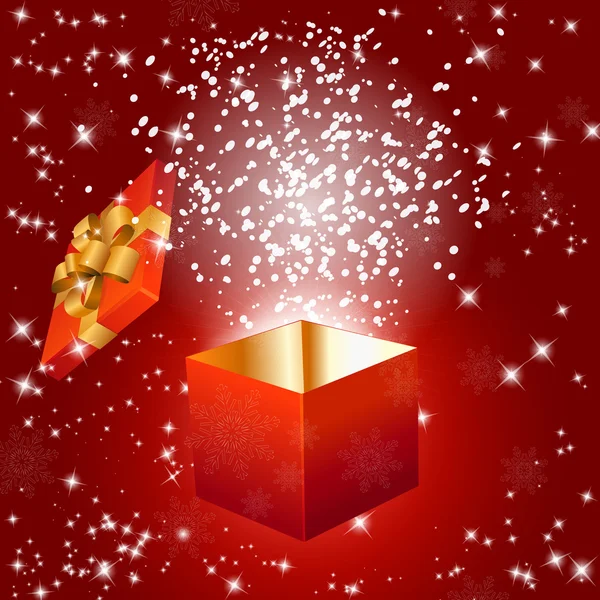 Fondo rojo abstracto con caja de regalo y copos de nieve — Vector de stock