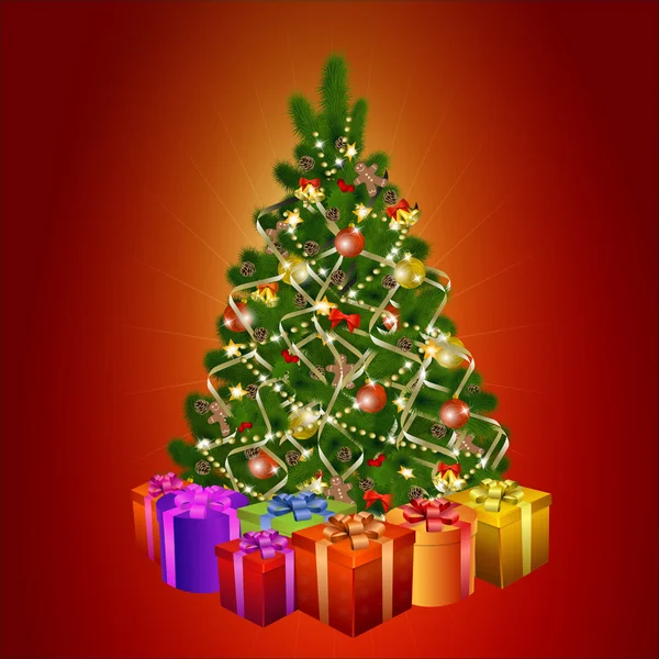 Χριστουγεννιάτικο δέντρο με κουτιά δώρων σε κόκκινο φόντο — Διανυσματικό Αρχείο