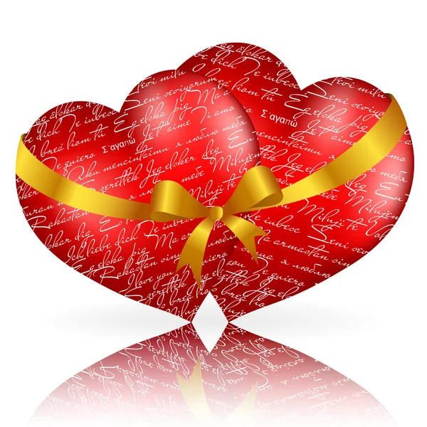 Два червоних серця з золотим бантом і стрічкою на білому тлі — стоковий вектор