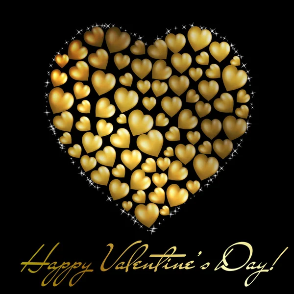 Siyah Arka Plan Üzerine Soyut Altın Kalp Sevgililer Günü Kartpostal — Stok Vektör