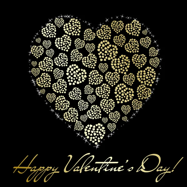 Abstract Golden Heart Made Small Hearts Black Background Valentine Day — Stock Vector