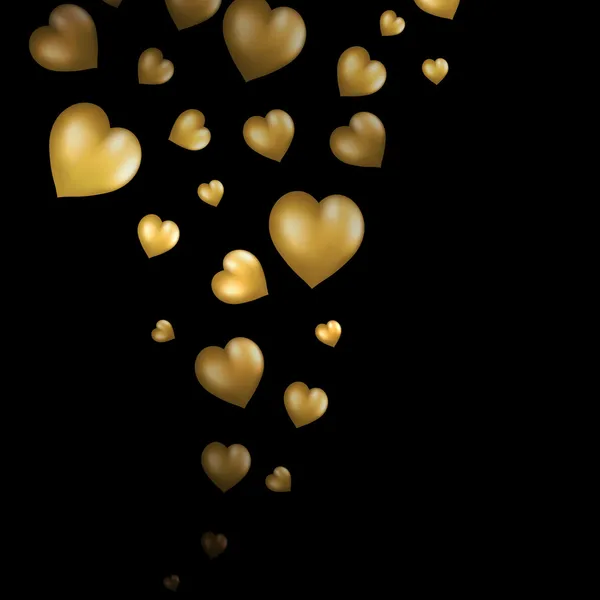 Abstrato voando corações de ouro no fundo preto — Vetor de Stock