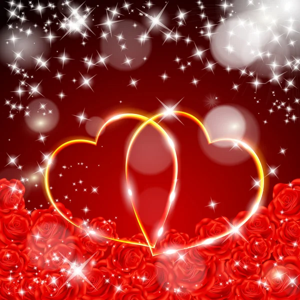 Red alla hjärtans dag vykort med två gyllene hjärtan — Stock vektor
