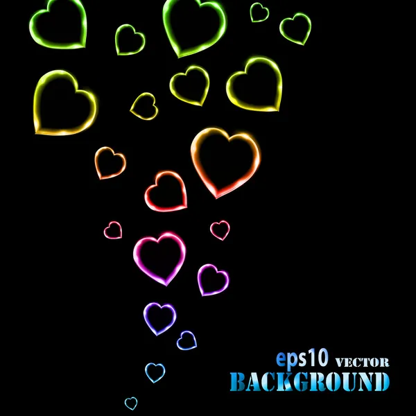 Abstract multicolored flying hearts on black background — Stock Vector