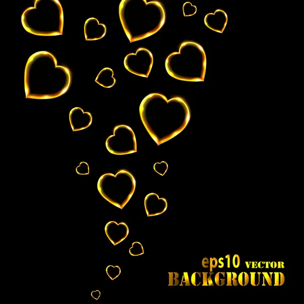 Abstract flying golden hearts on black background — Stock Vector