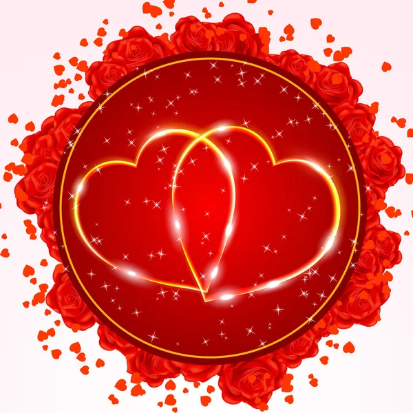 Tarjeta de felicitación roja de San Valentín con dos corazones dorados — Vector de stock