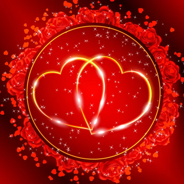Dia Dos Namorados Vermelho Cartão Saudação Com Dois Corações Dourados — Vetor de Stock