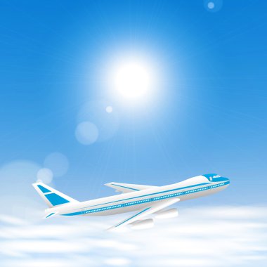 Airplane above the clouds in the blue sky. clipart