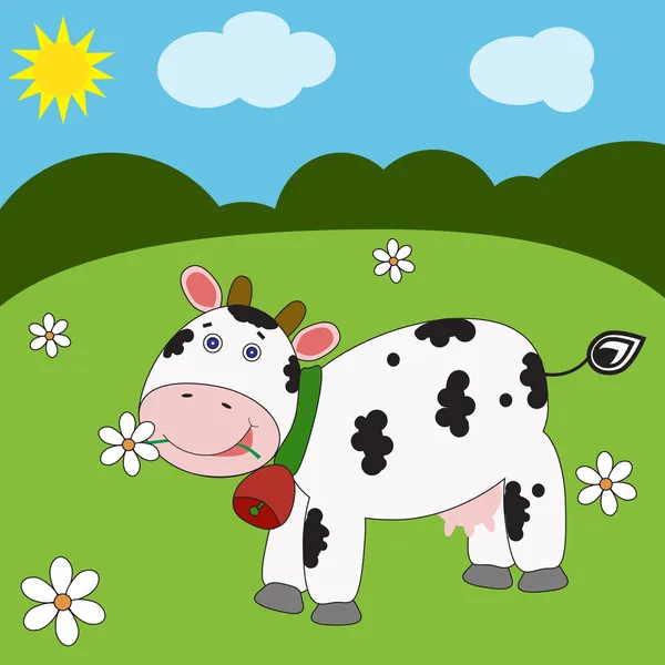 Landschap met grappige koe — Stockvector
