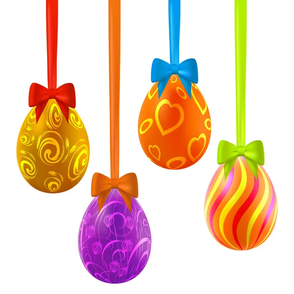 Colorful easter eggs hanging on ribbons with bows — Stock Vector