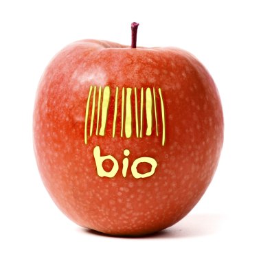 Red apple with bio and barecode on white background clipart