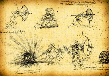 Leonardo's Da Vinci engineering drawing from 1503 on textured background. clipart