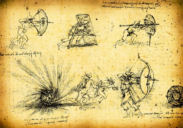 Leonardo Vinci Mühendislik 1503 Dokulu Arka Plan Üzerinde Çizim — Stok fotoğraf