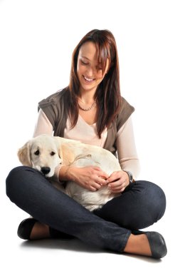 Puppy golden retriever and woman clipart