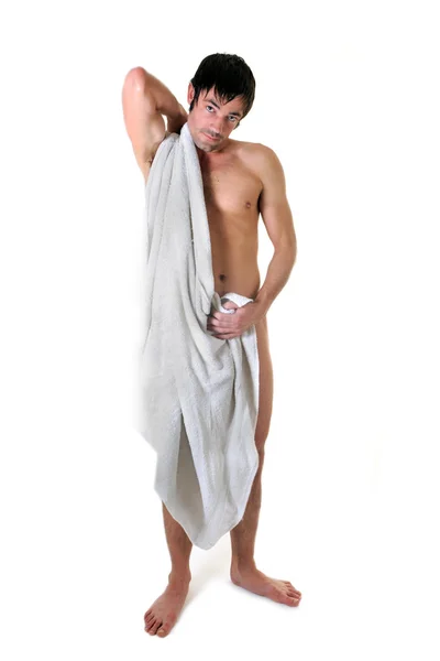 Homem Com Toalha Banho Frente Fundo Branco — Fotografia de Stock