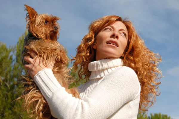 Donna Con Capelli Rossi Suo Terrier Razza Yorkshire — Foto Stock