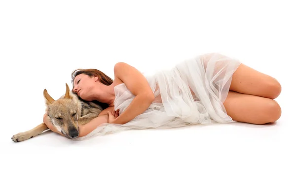 Woman and baby wolf — Stock Photo, Image