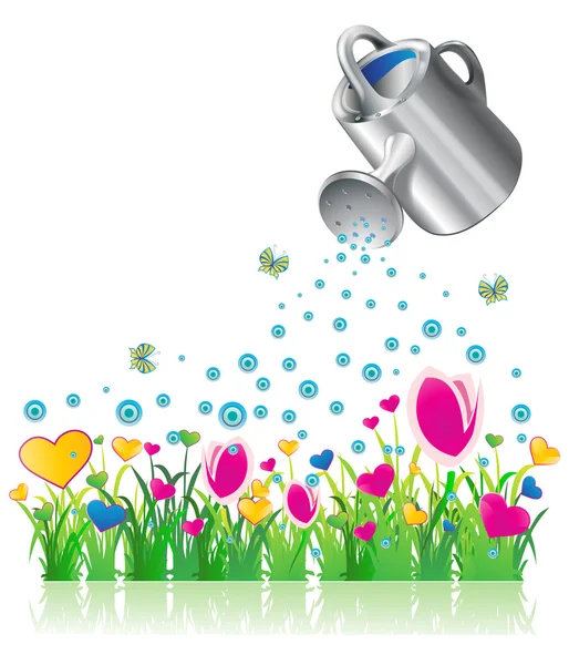 Watering can and valentine flowers — Stock Vector