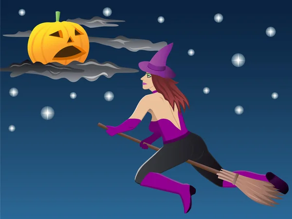 Beautiful witch on broom Stock Illustration