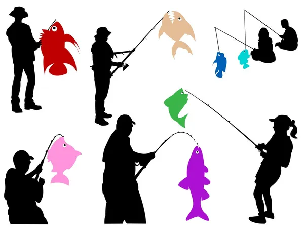 Silhouettes pêcheur et poisson — Image vectorielle