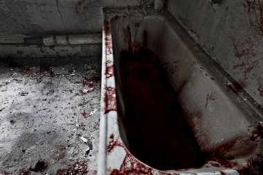 Old bathroom with bath full of blood and blood spatter everywhere clipart