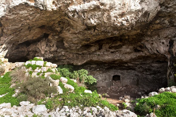 Пещера Поселения Троглодит Бахрии Мальте Граничная Стена Передней Части Сегодня — стоковое фото