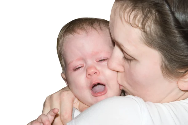 Baby Cries Met Moeder Geïsoleerd Wit Stockfoto