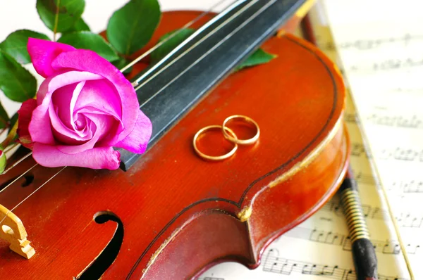 Wedding rings and pink roses with violin on the note — Stock Photo, Image