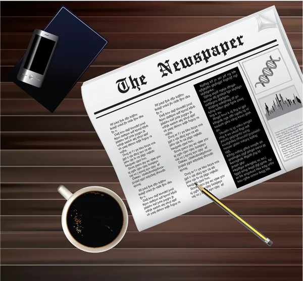 Ilustración vectorial de taza de café y papel de noticias en mesa de madera — Vector de stock