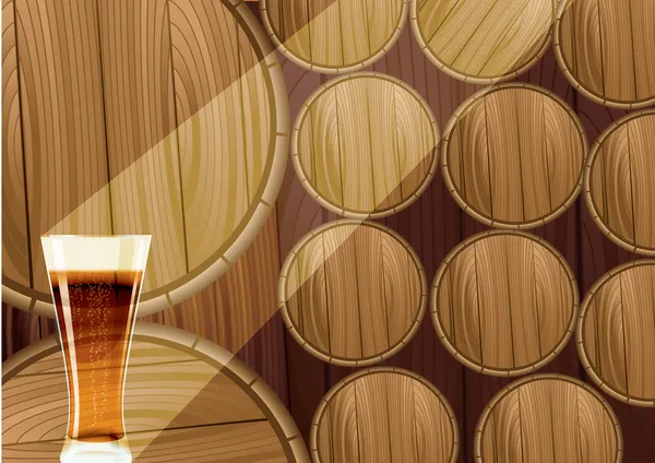 Drewniane beczki, a szklanka piwa — Wektor stockowy